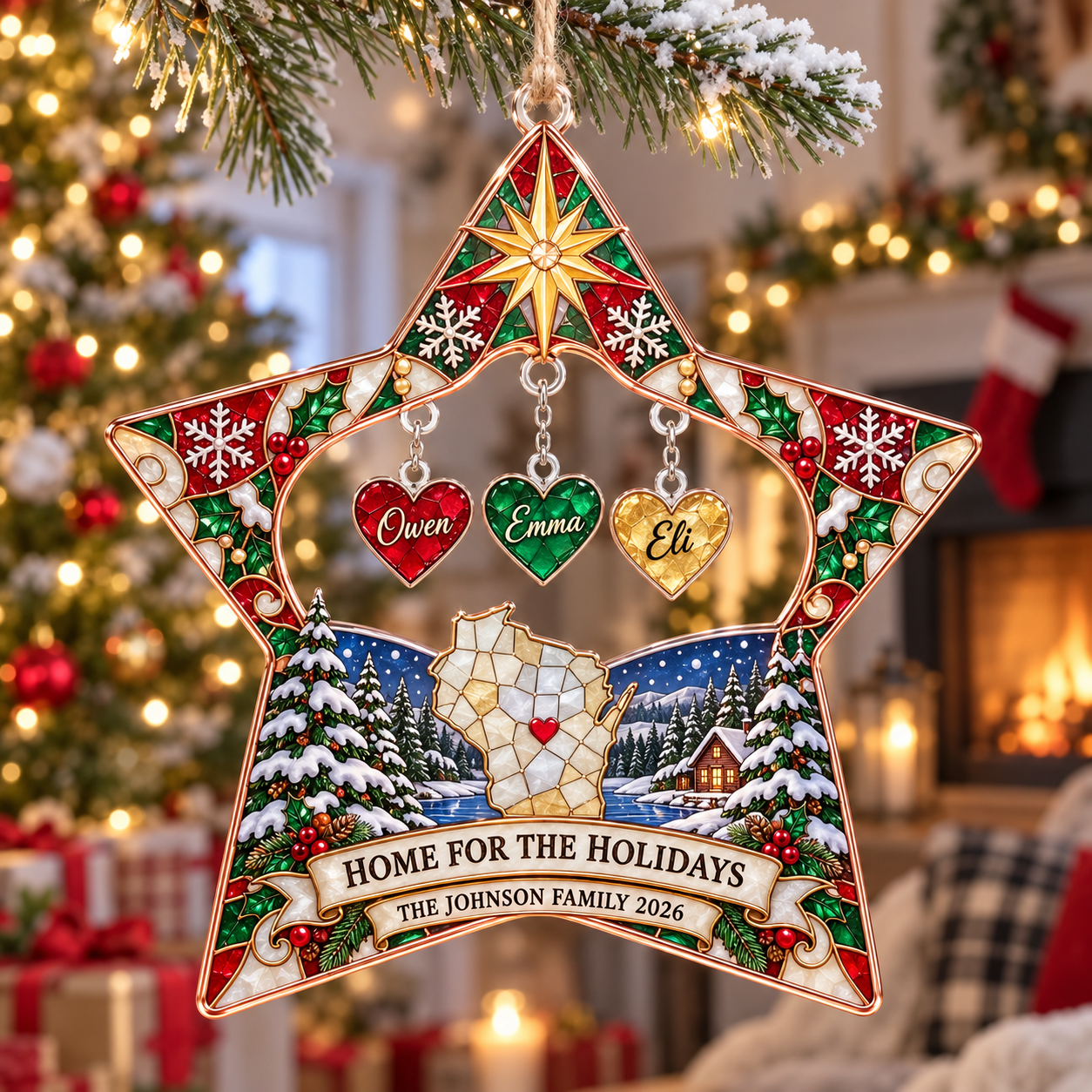 Stained-glass acrylic Christmas ornament with "HOME FOR THE HOLIDAYS" and personalised name charms