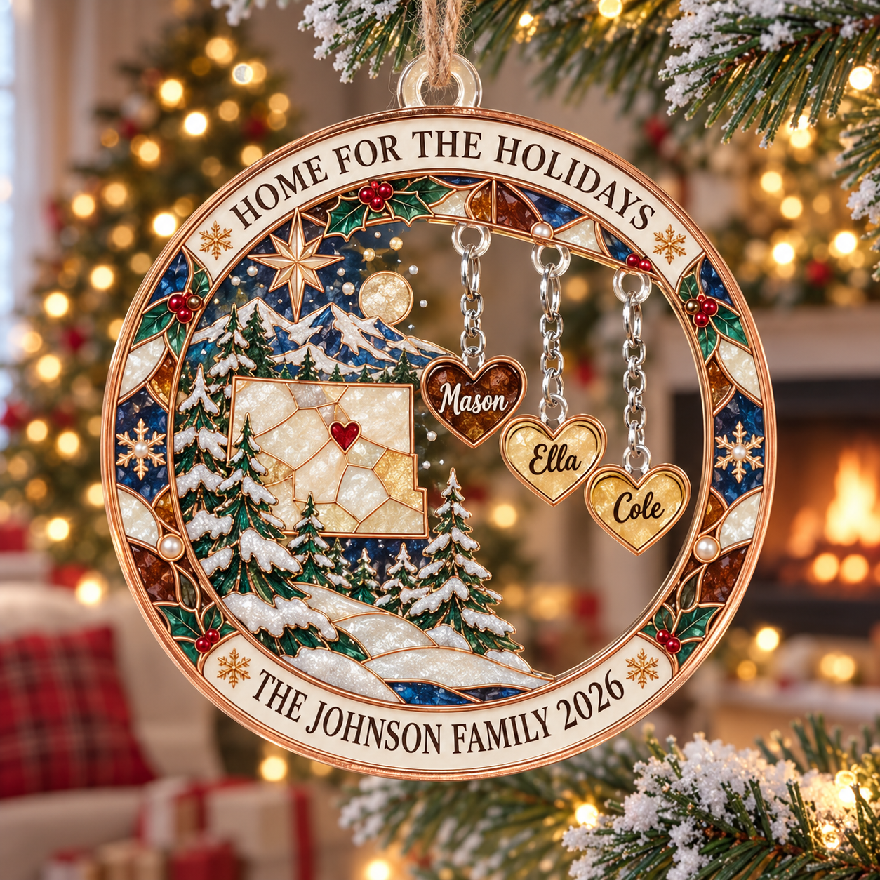 Stained-glass acrylic Christmas ornament with "HOME FOR THE HOLIDAYS" and personalised name charms