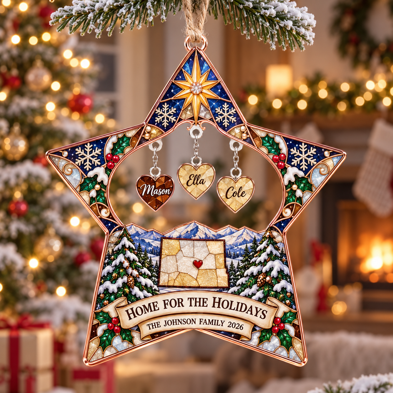 Stained-glass acrylic Christmas ornament with "HOME FOR THE HOLIDAYS" and personalised name charms