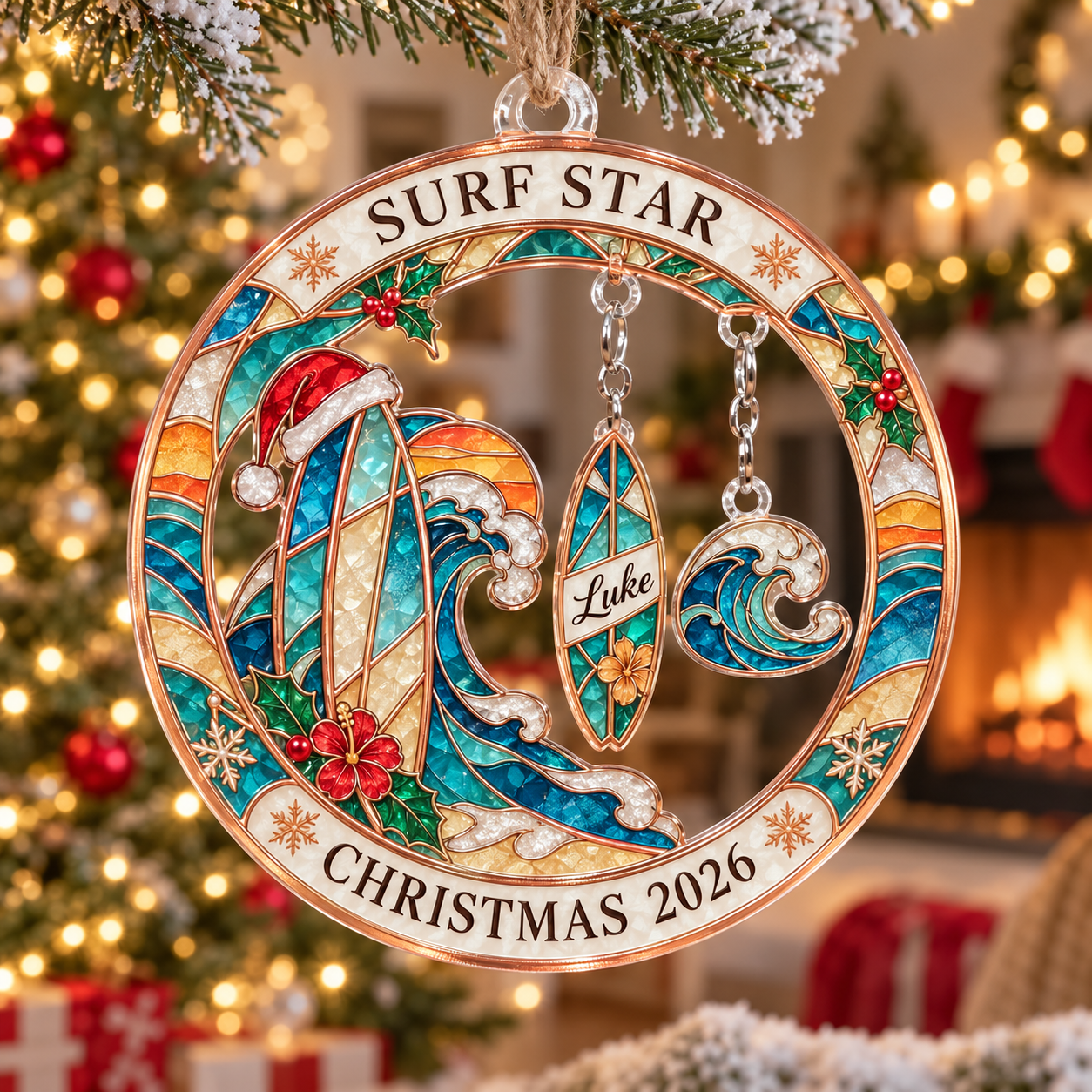 Stained-glass acrylic Christmas ornament with "SURF STAR" and personalised name charms