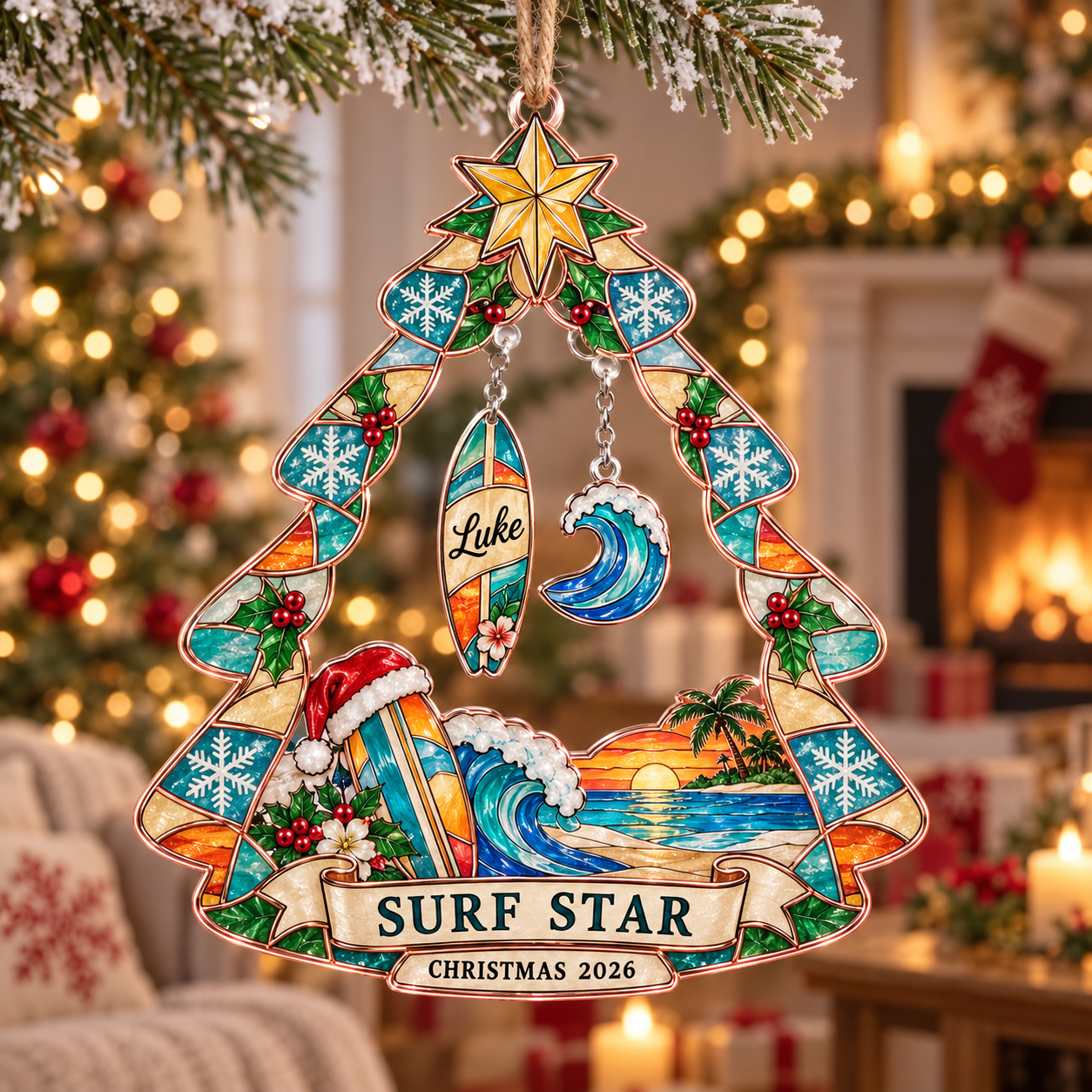 Stained-glass acrylic Christmas ornament with "SURF STAR" and personalised name charms