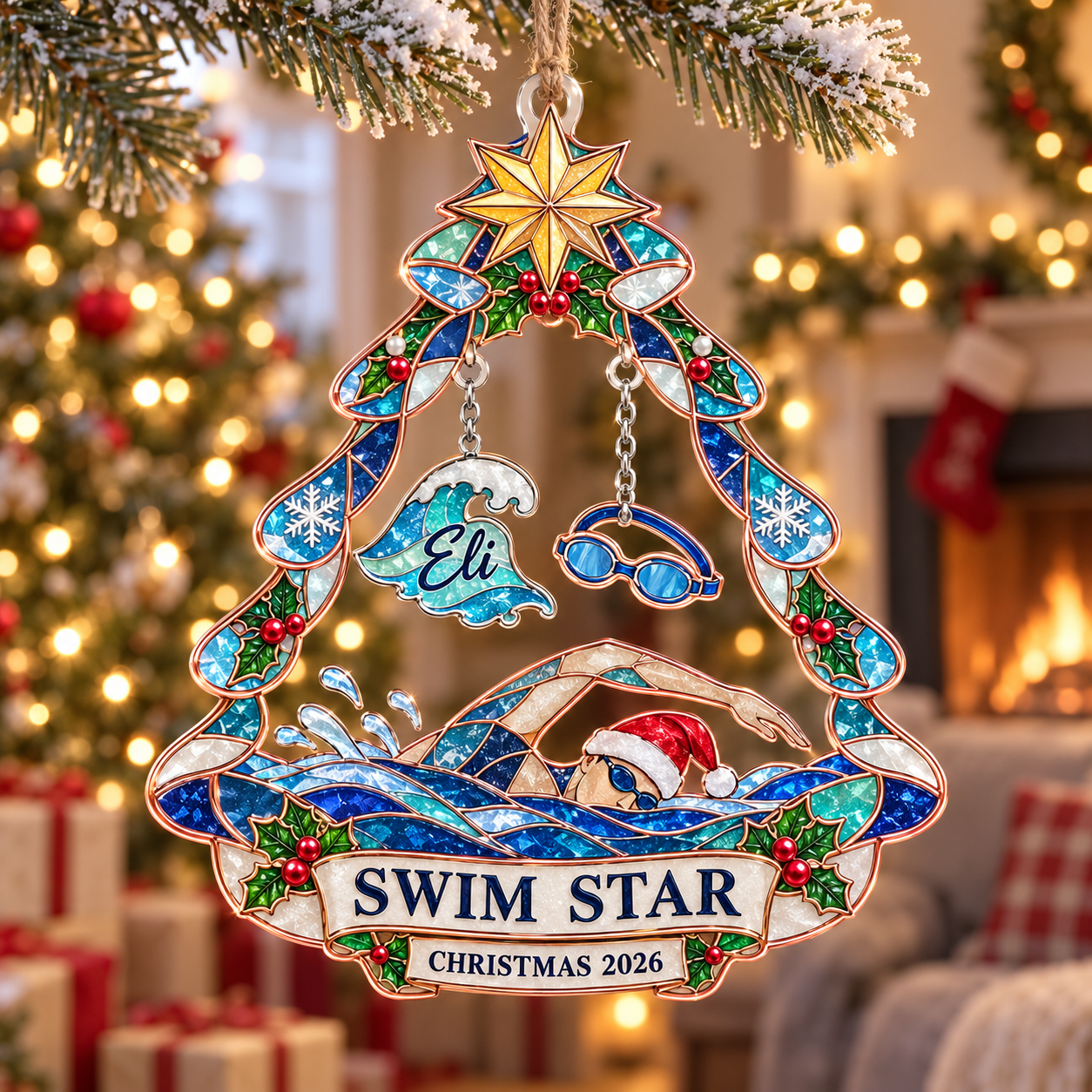 Stained-glass acrylic Christmas ornament with "SWIM STAR" and personalised name charms