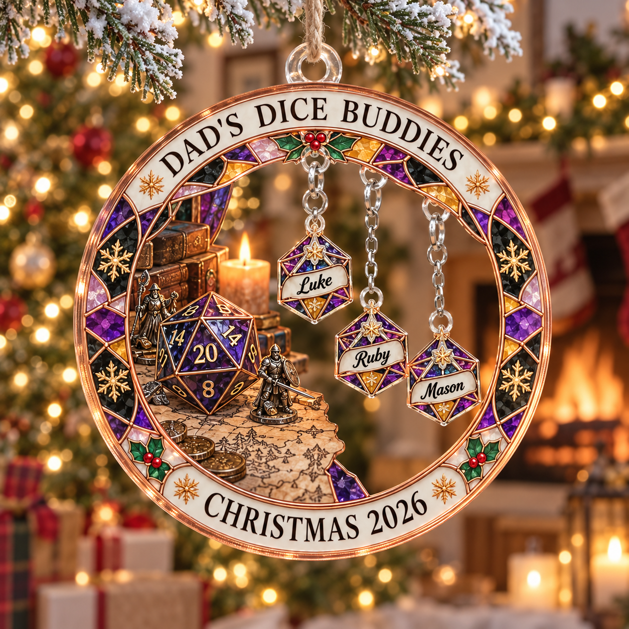 Stained-glass acrylic Christmas ornament with "DAD'S DICE BUDDIES" and personalised name charms