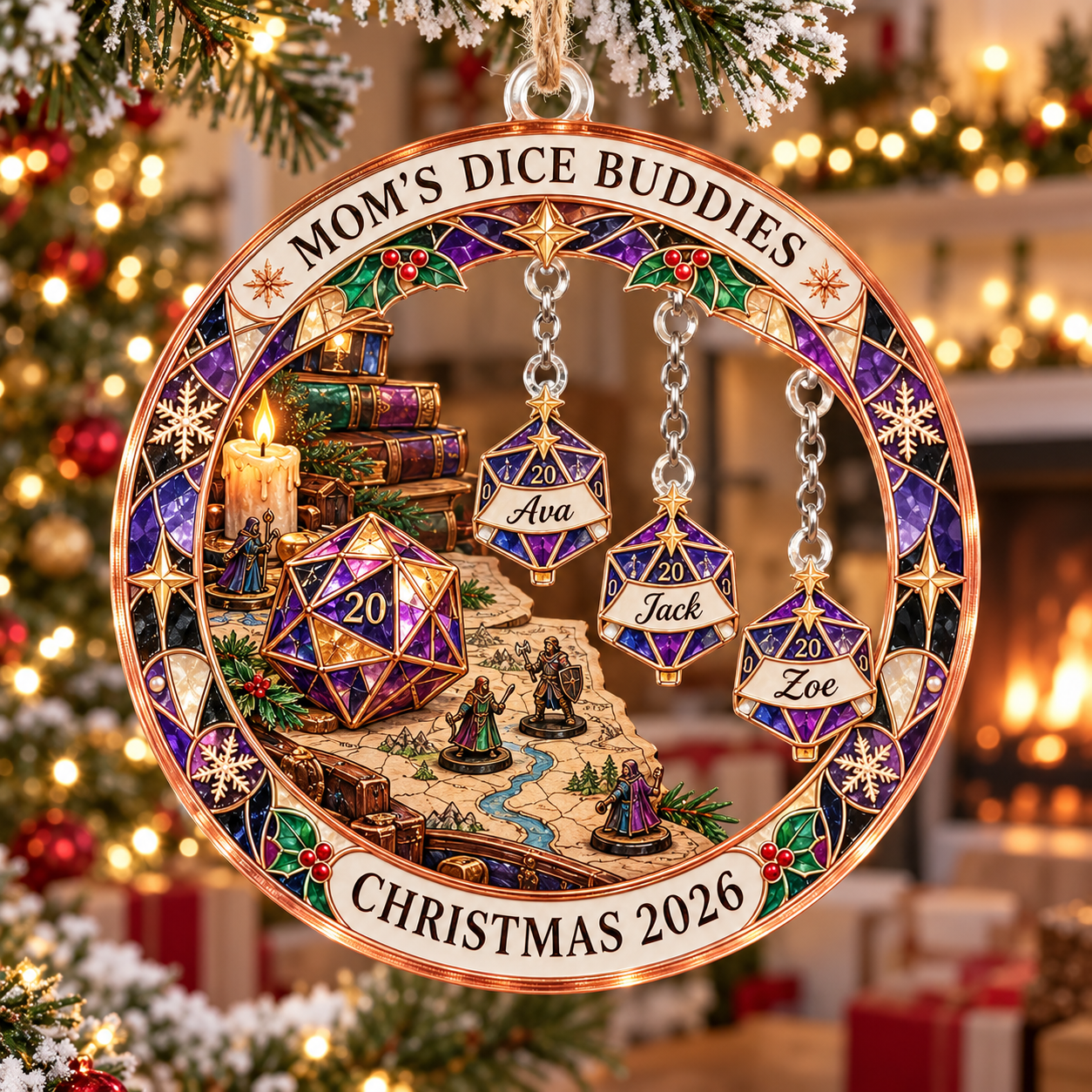 Stained-glass acrylic Christmas ornament with "MOM'S DICE BUDDIES" and personalised name charms