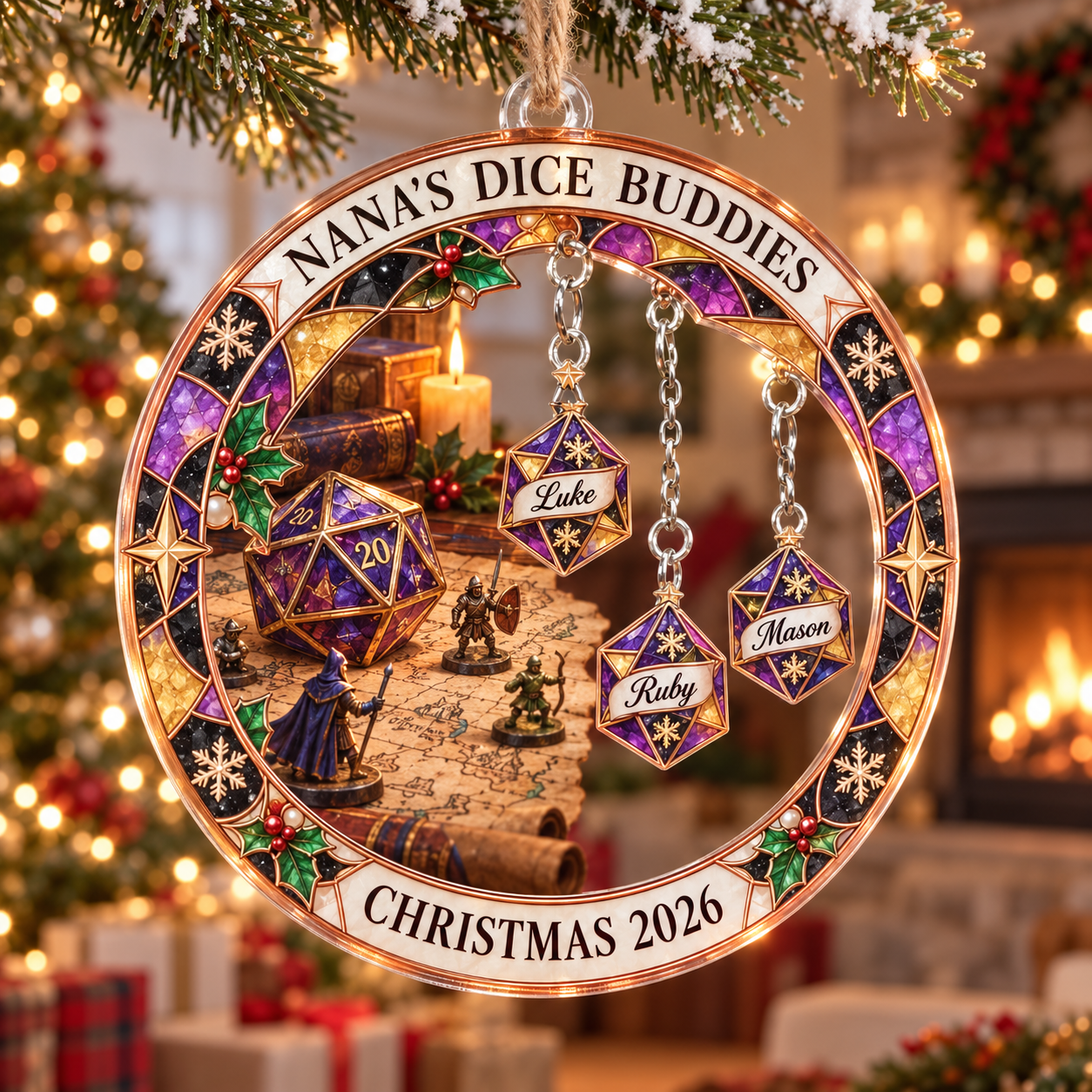 Stained-glass acrylic Christmas ornament with "NANA'S DICE BUDDIES" and personalised name charms