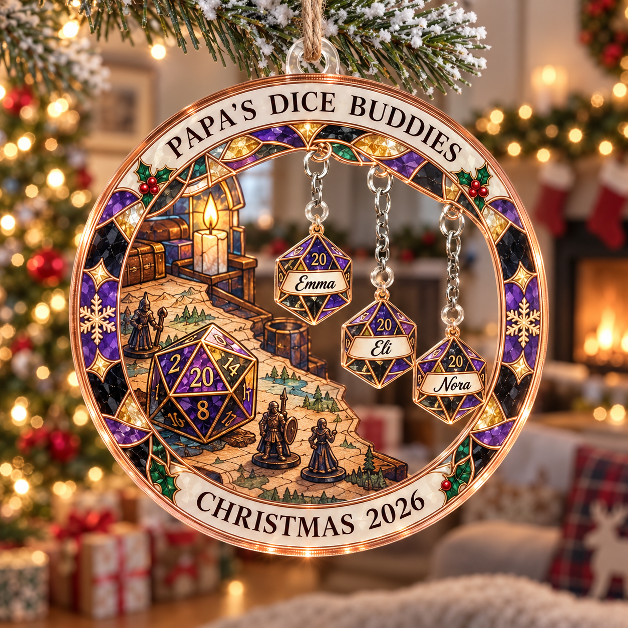 Stained-glass acrylic Christmas ornament with "PAPA'S DICE BUDDIES" and personalised name charms