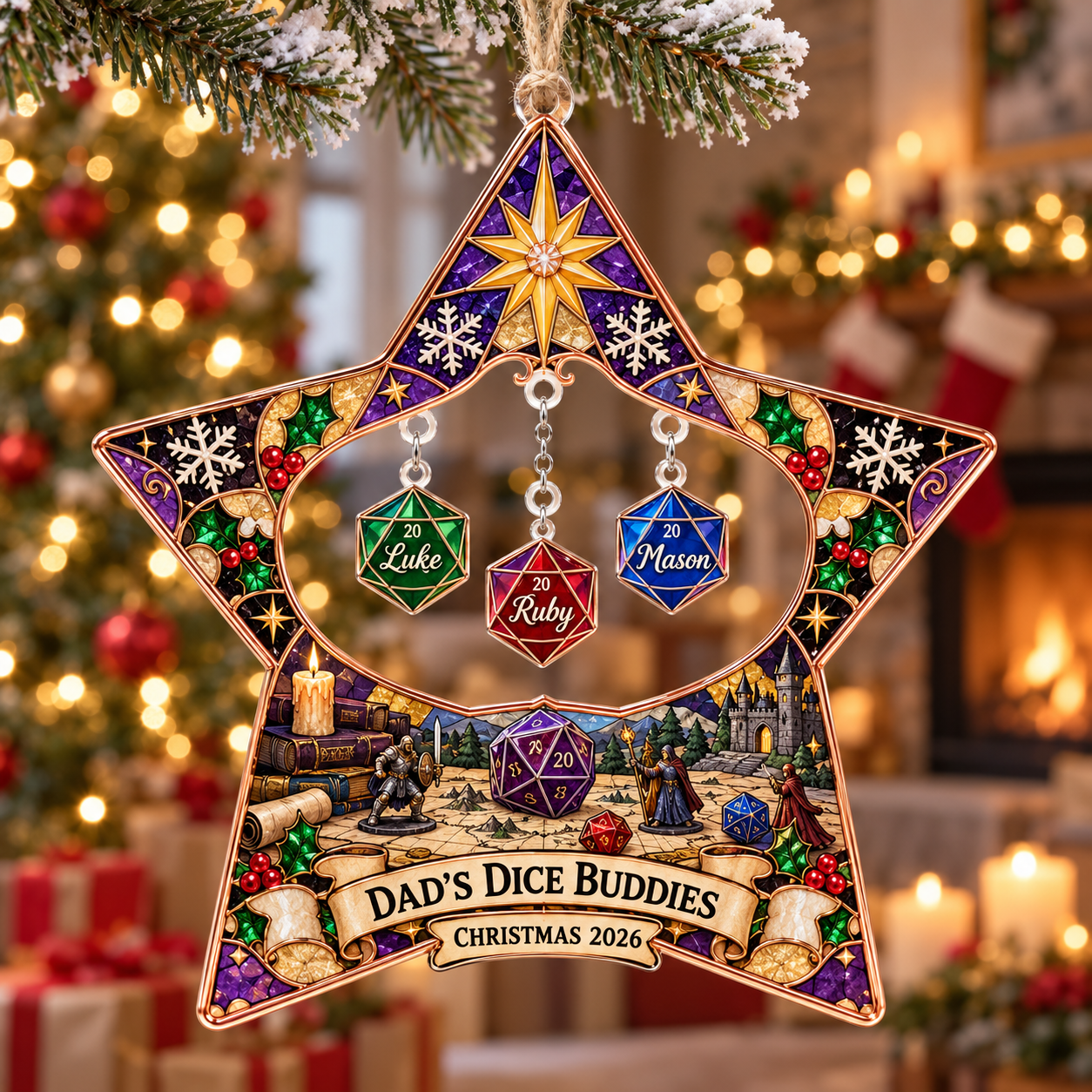Stained-glass acrylic Christmas ornament with "DAD'S DICE BUDDIES" and personalised name charms