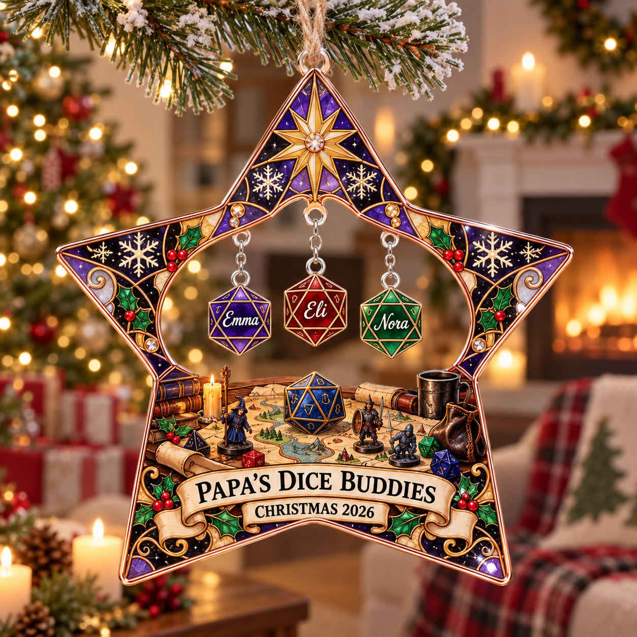 Stained-glass acrylic Christmas ornament with "PAPA'S DICE BUDDIES" and personalised name charms