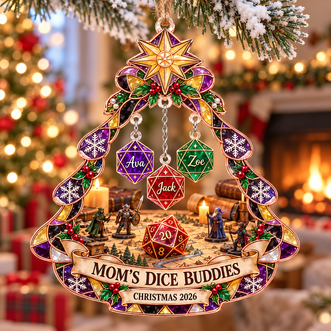 Stained-glass acrylic Christmas ornament with "MOM'S DICE BUDDIES" and personalised name charms
