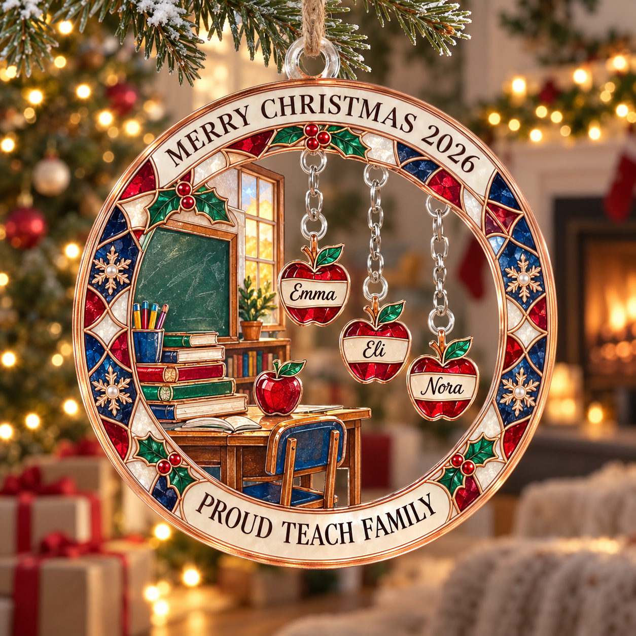 Stained-glass acrylic Christmas ornament with "PROUD TEACH FAMILY" and personalised name charms