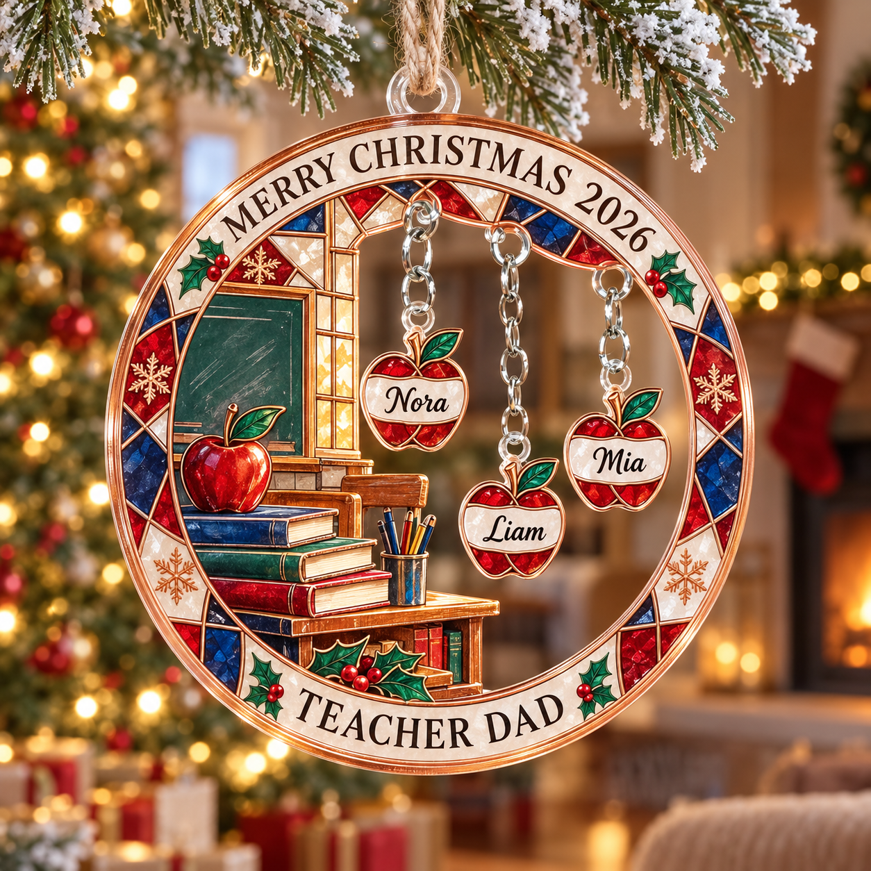 Stained-glass acrylic Christmas ornament with "TEACHER DAD" and personalised name charms