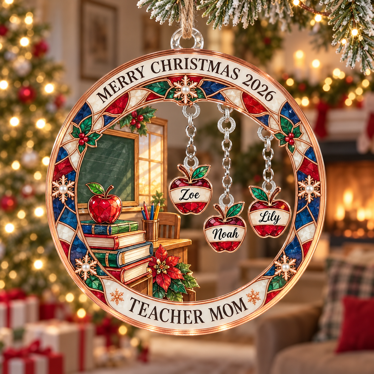 Stained-glass acrylic Christmas ornament with "TEACHER MOM" and personalised name charms