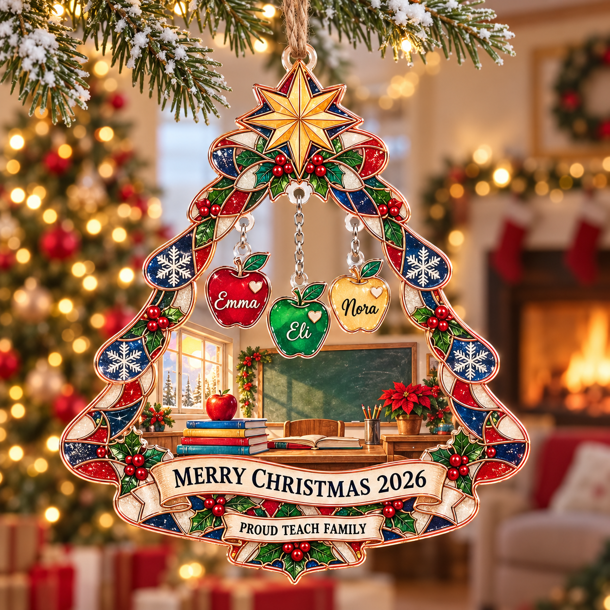 Stained-glass acrylic Christmas ornament with "PROUD TEACH FAMILY" and personalised name charms