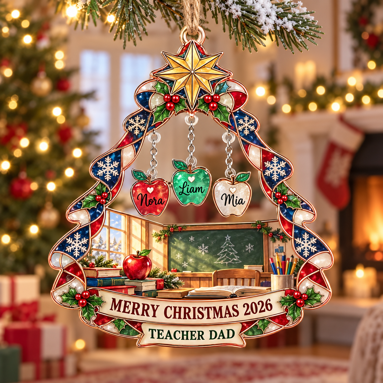 Stained-glass acrylic Christmas ornament with "TEACHER DAD" and personalised name charms