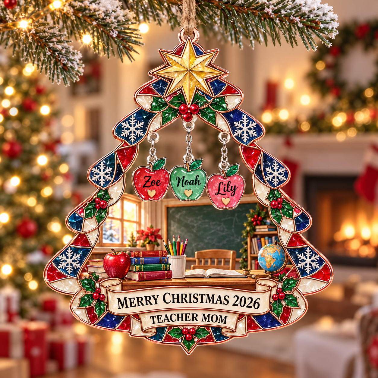 Stained-glass acrylic Christmas ornament with "TEACHER MOM" and personalised name charms