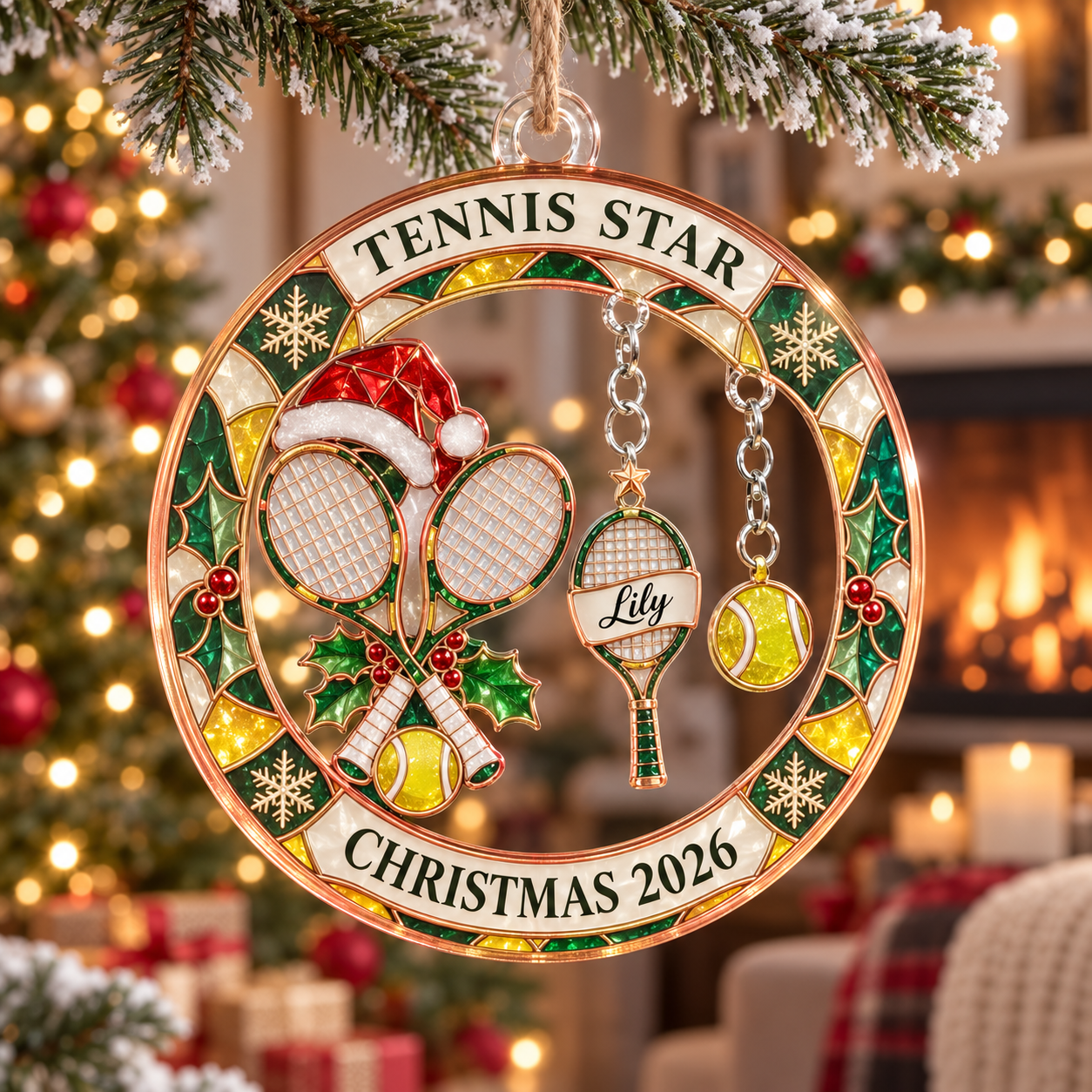 Stained-glass acrylic Christmas ornament with "TENNIS STAR" and personalised name charms