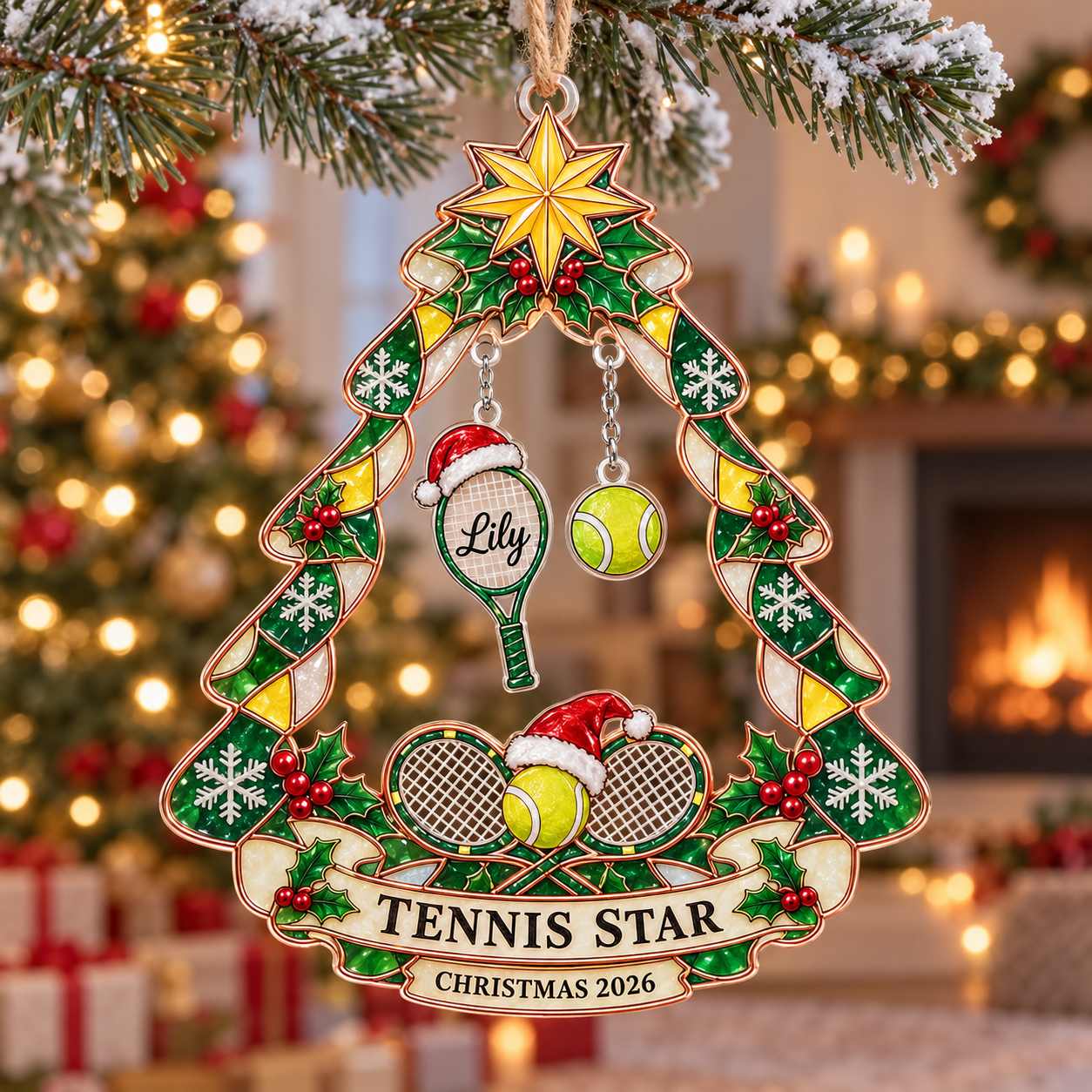 Stained-glass acrylic Christmas ornament with "TENNIS STAR" and personalised name charms