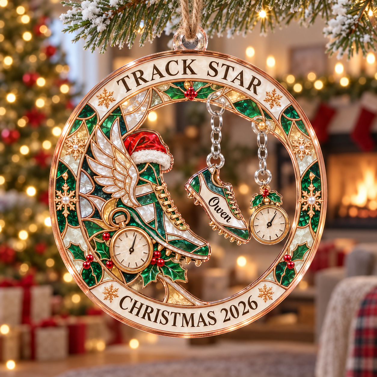 Stained-glass acrylic Christmas ornament with "TRACK STAR" and personalised name charms