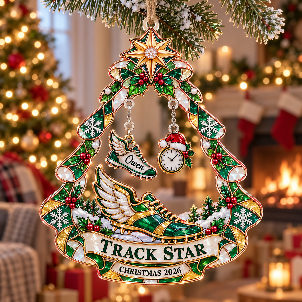 Stained-glass acrylic Christmas ornament with "TRACK STAR" and personalised name charms
