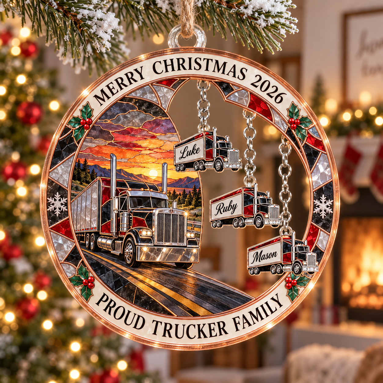Stained-glass acrylic Christmas ornament with "PROUD TRUCKER FAMILY" and personalised name charms