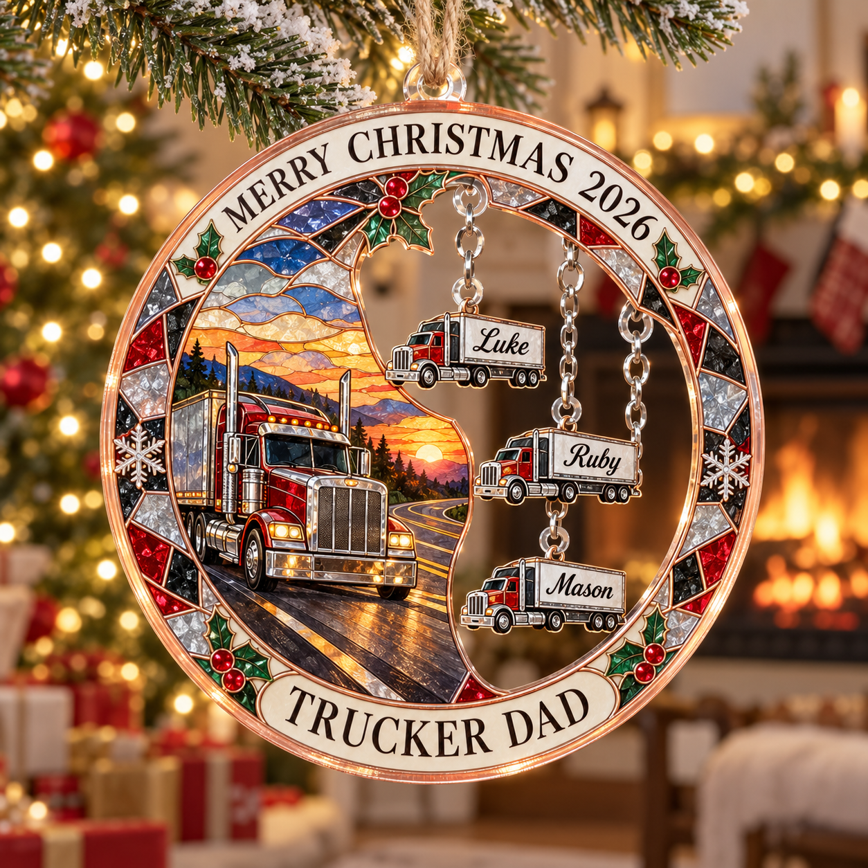 Stained-glass acrylic Christmas ornament with "TRUCKER DAD" and personalised name charms