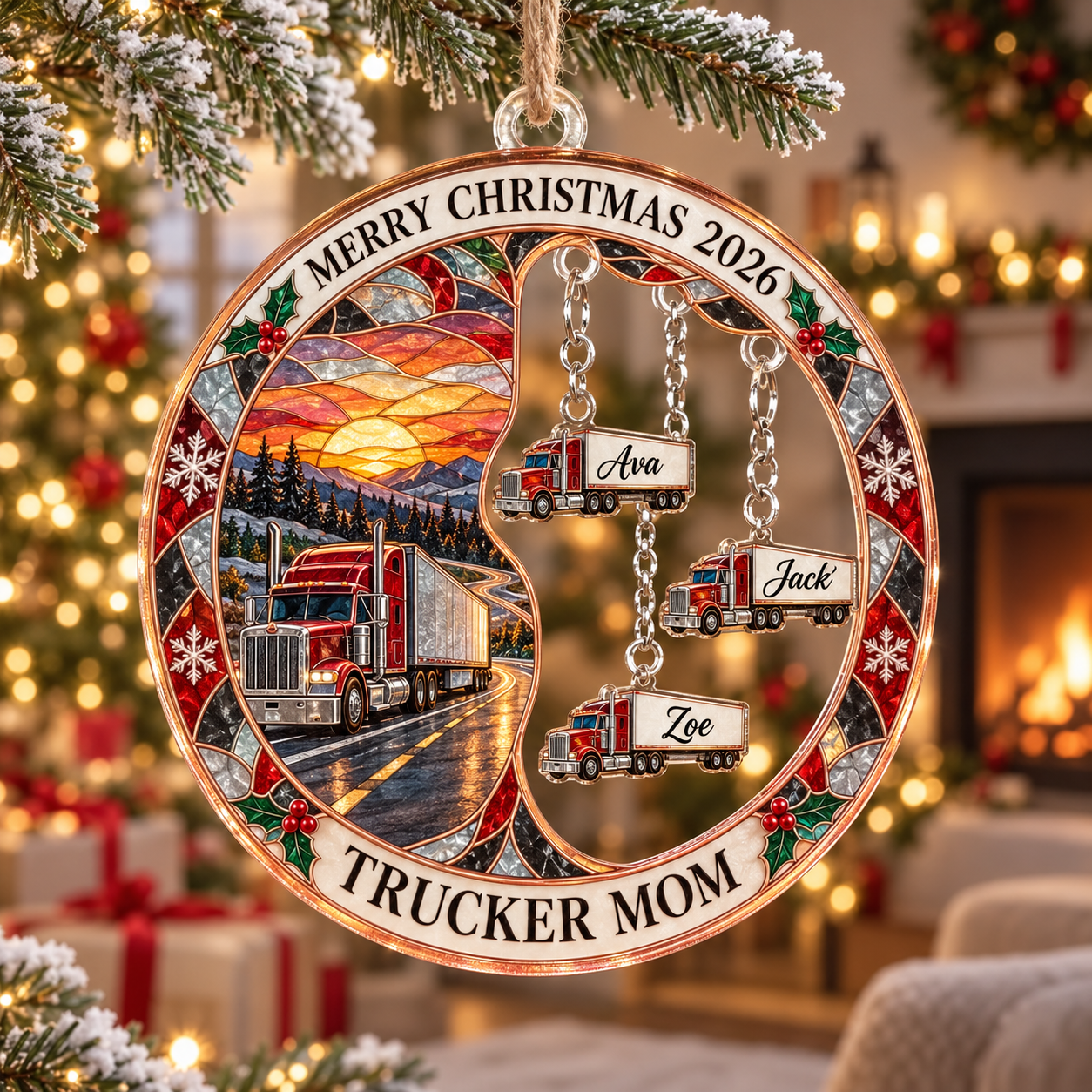 Stained-glass acrylic Christmas ornament with "TRUCKER MOM" and personalised name charms