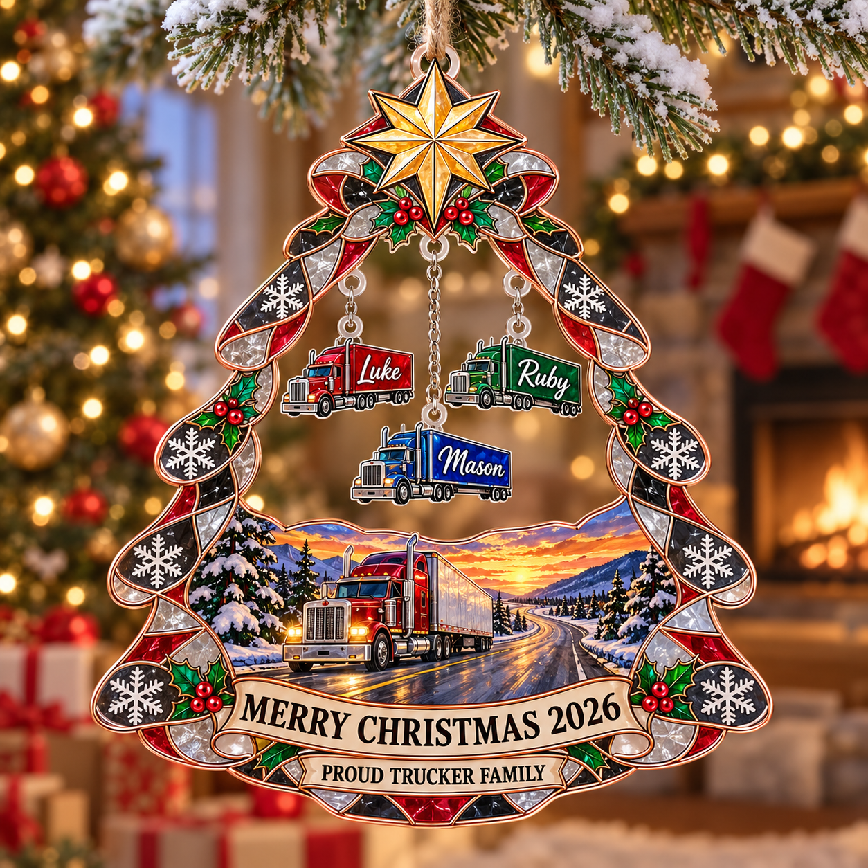 Stained-glass acrylic Christmas ornament with "PROUD TRUCKER FAMILY" and personalised name charms