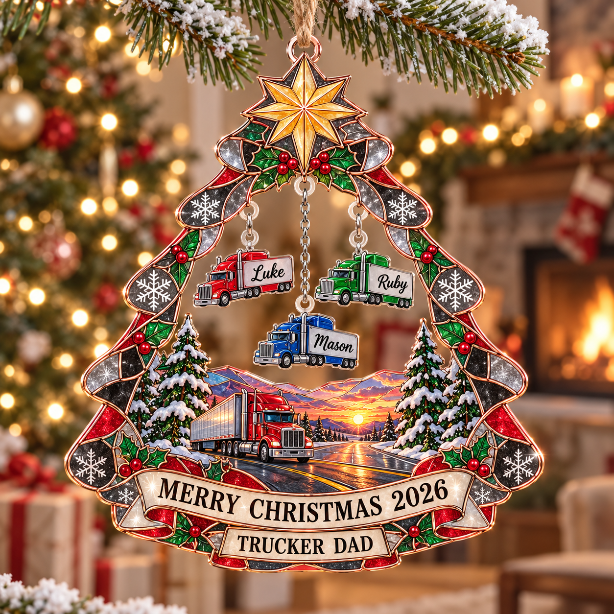 Stained-glass acrylic Christmas ornament with "TRUCKER DAD" and personalised name charms