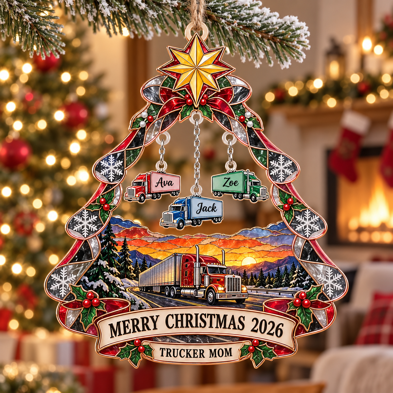 Stained-glass acrylic Christmas ornament with "TRUCKER MOM" and personalised name charms