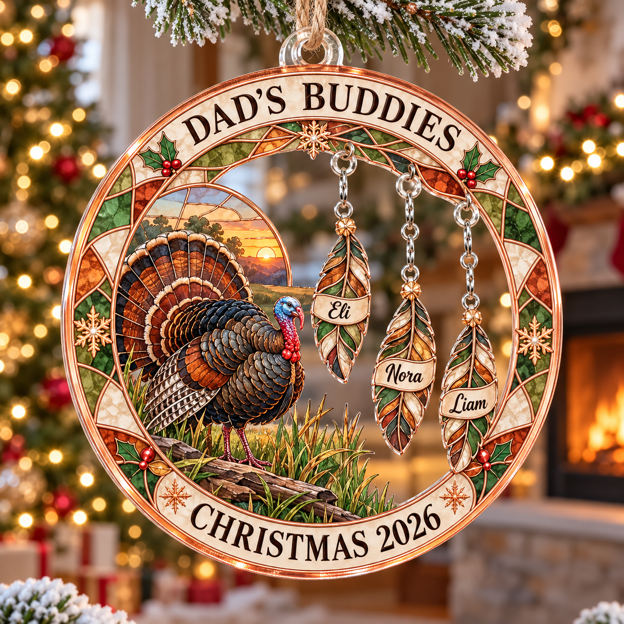 Stained-glass acrylic Christmas ornament with "DAD'S BUDDIES" and personalised name charms