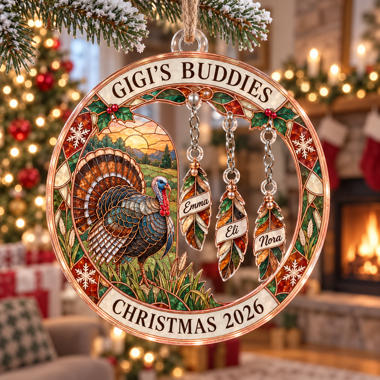 Stained-glass acrylic Christmas ornament with "GIGI'S BUDDIES" and personalised name charms