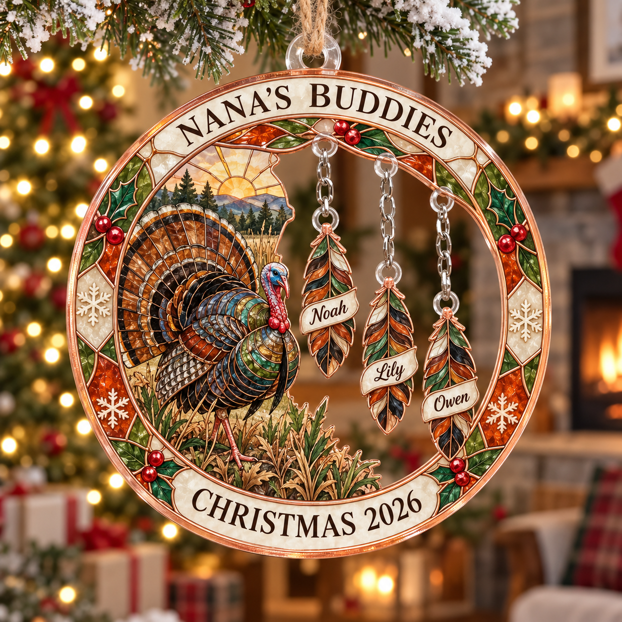 Stained-glass acrylic Christmas ornament with "NANA'S BUDDIES" and personalised name charms
