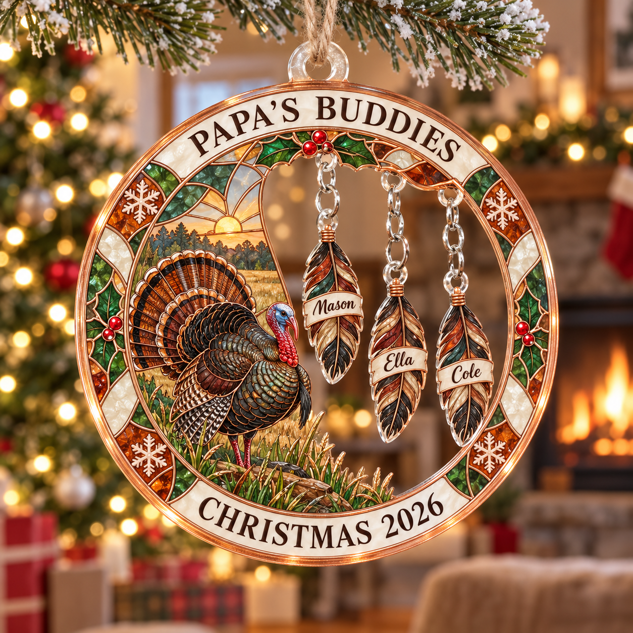 Stained-glass acrylic Christmas ornament with "PAPA'S BUDDIES" and personalised name charms