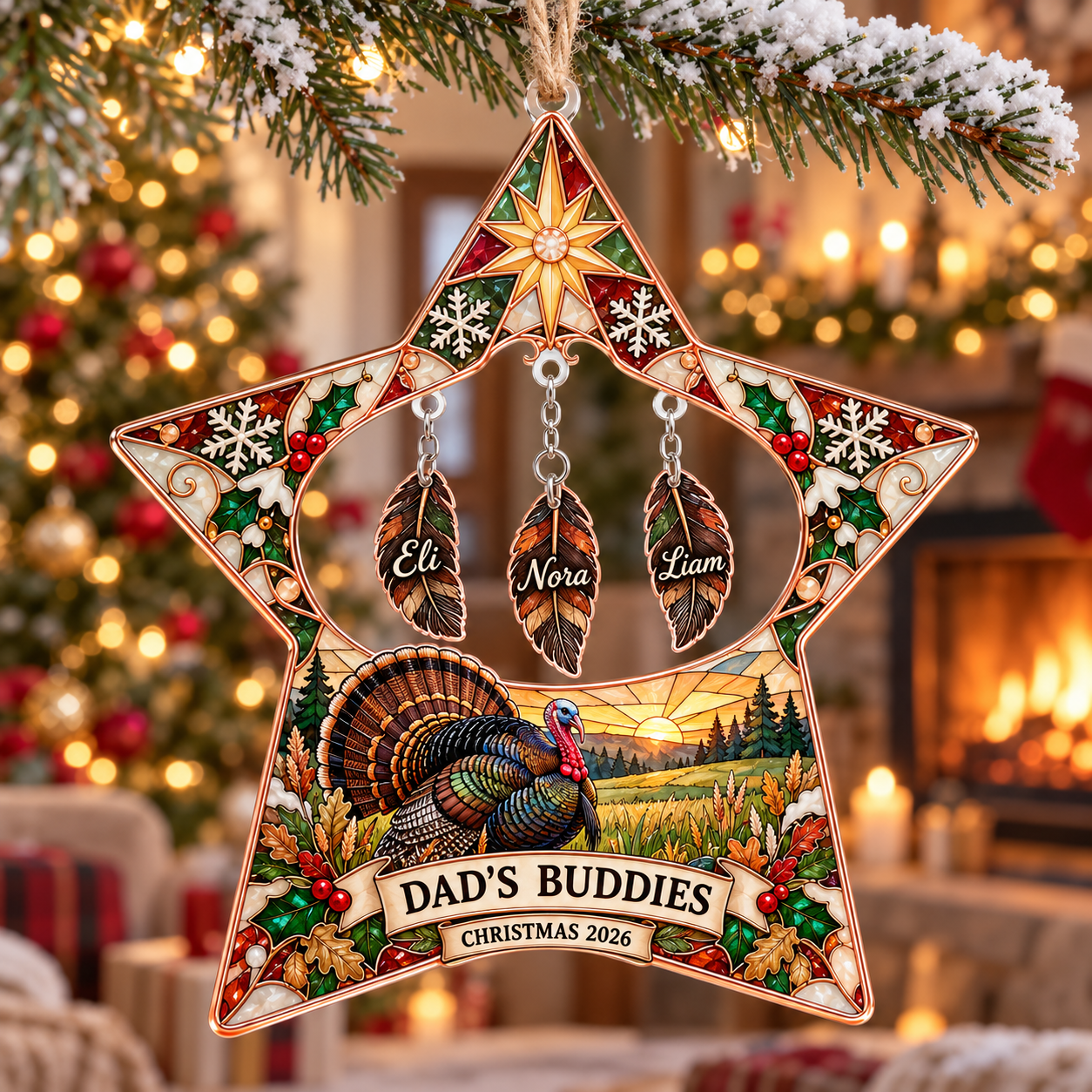 Stained-glass acrylic Christmas ornament with "DAD'S BUDDIES" and personalised name charms
