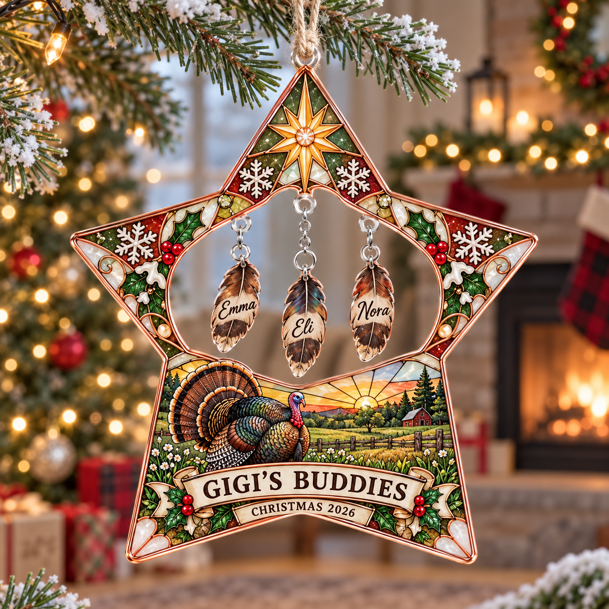 Stained-glass acrylic Christmas ornament with "GIGI'S BUDDIES" and personalised name charms