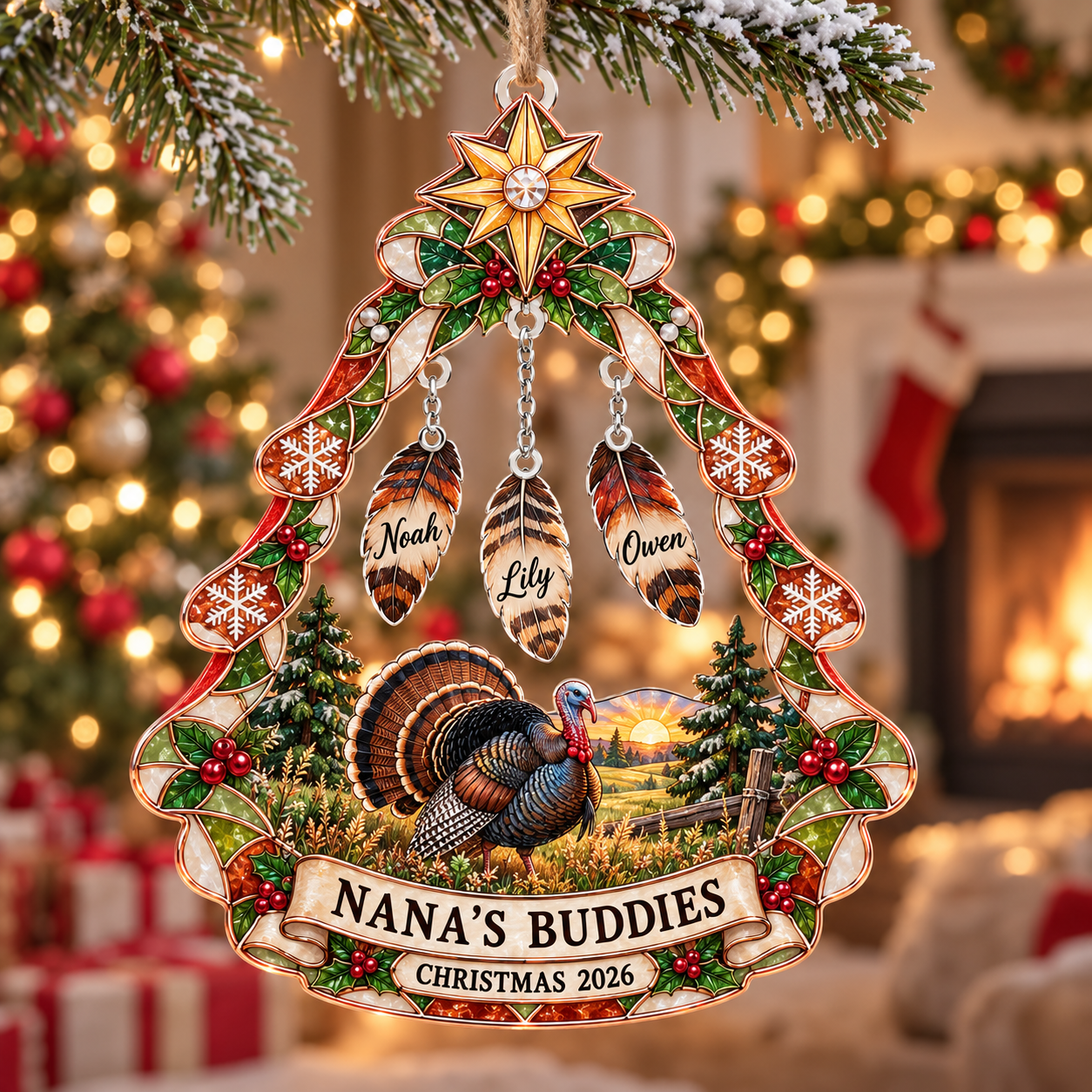 Stained-glass acrylic Christmas ornament with "NANA'S BUDDIES" and personalised name charms