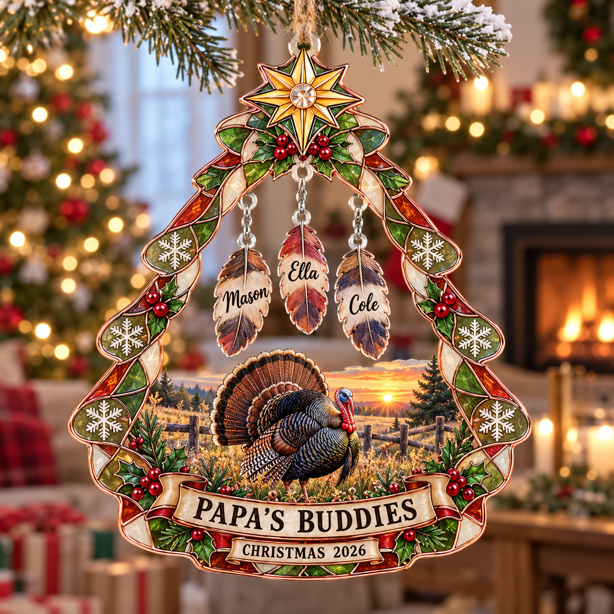 Stained-glass acrylic Christmas ornament with "PAPA'S BUDDIES" and personalised name charms