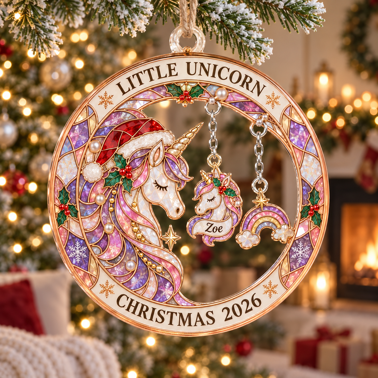 Stained-glass acrylic Christmas ornament with "LITTLE UNICORN" and personalised name charms
