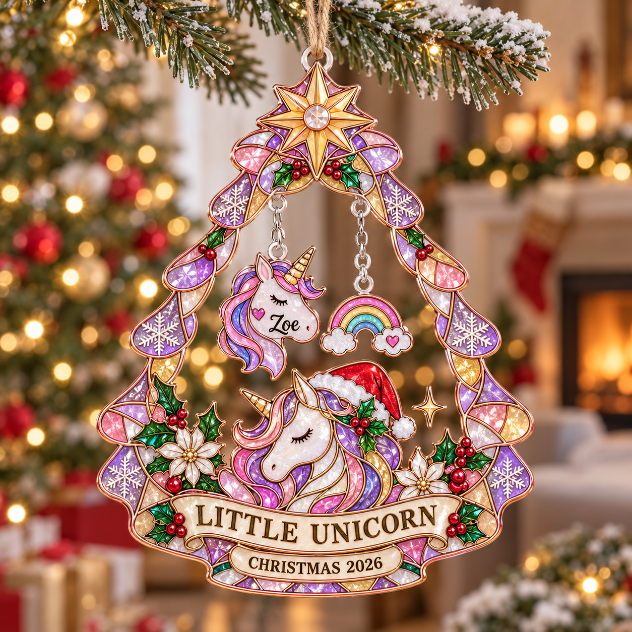 Stained-glass acrylic Christmas ornament with "LITTLE UNICORN" and personalised name charms