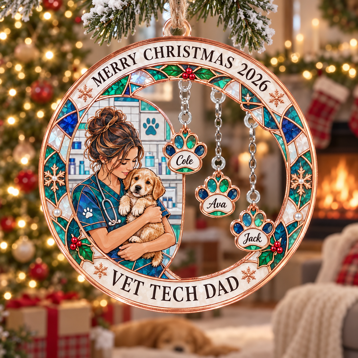 Stained-glass acrylic Christmas ornament with "VET TECH DAD" and personalised name charms