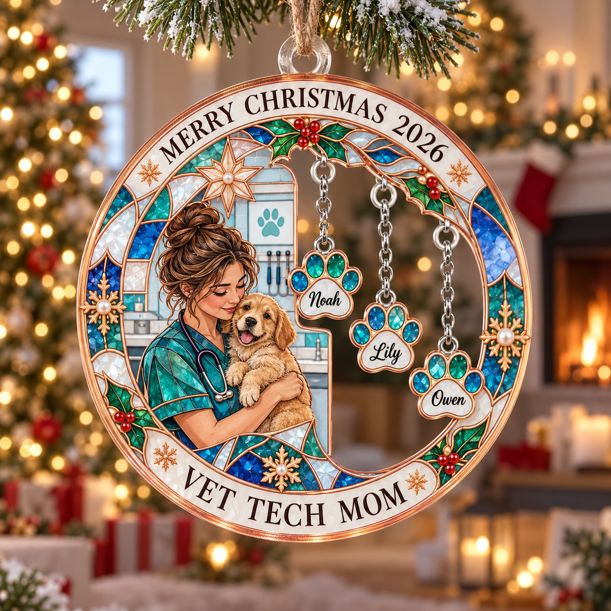 Stained-glass acrylic Christmas ornament with "VET TECH MOM" and personalised name charms