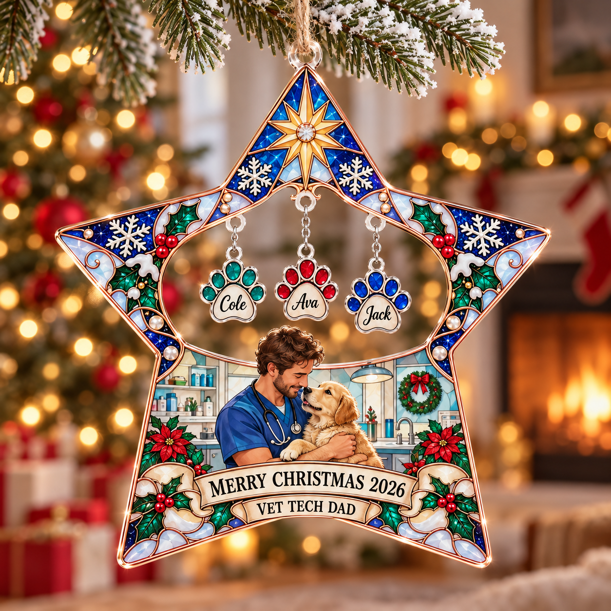 Stained-glass acrylic Christmas ornament with "VET TECH DAD" and personalised name charms