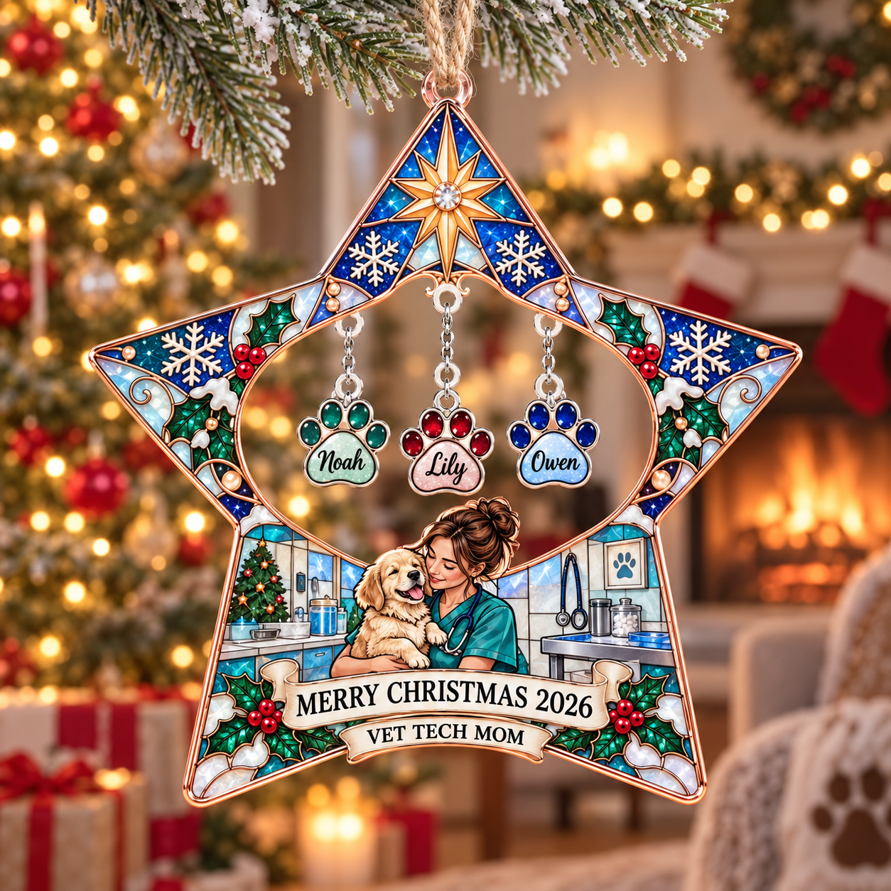 Stained-glass acrylic Christmas ornament with "VET TECH MOM" and personalised name charms