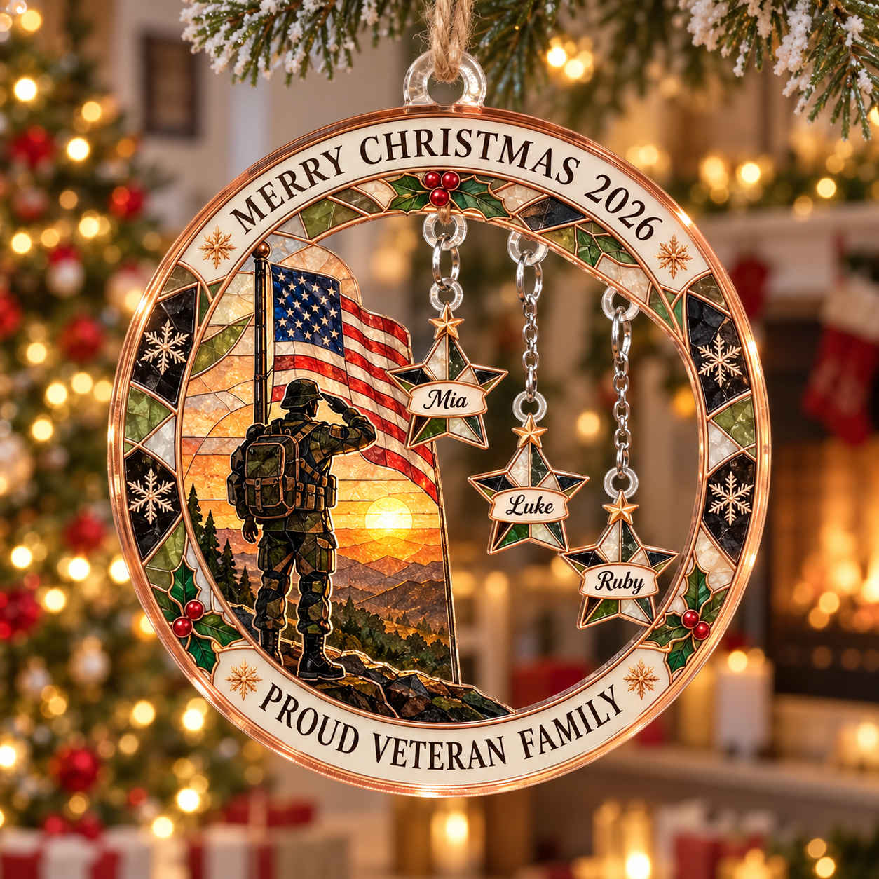 Stained-glass acrylic Christmas ornament with "PROUD VETERAN FAMILY" and personalised name charms