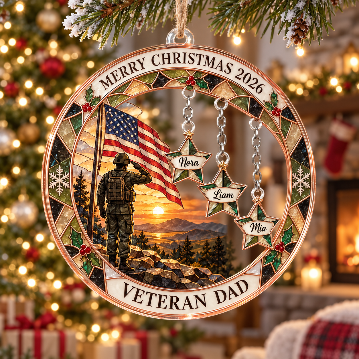 Stained-glass acrylic Christmas ornament with "VETERAN DAD" and personalised name charms