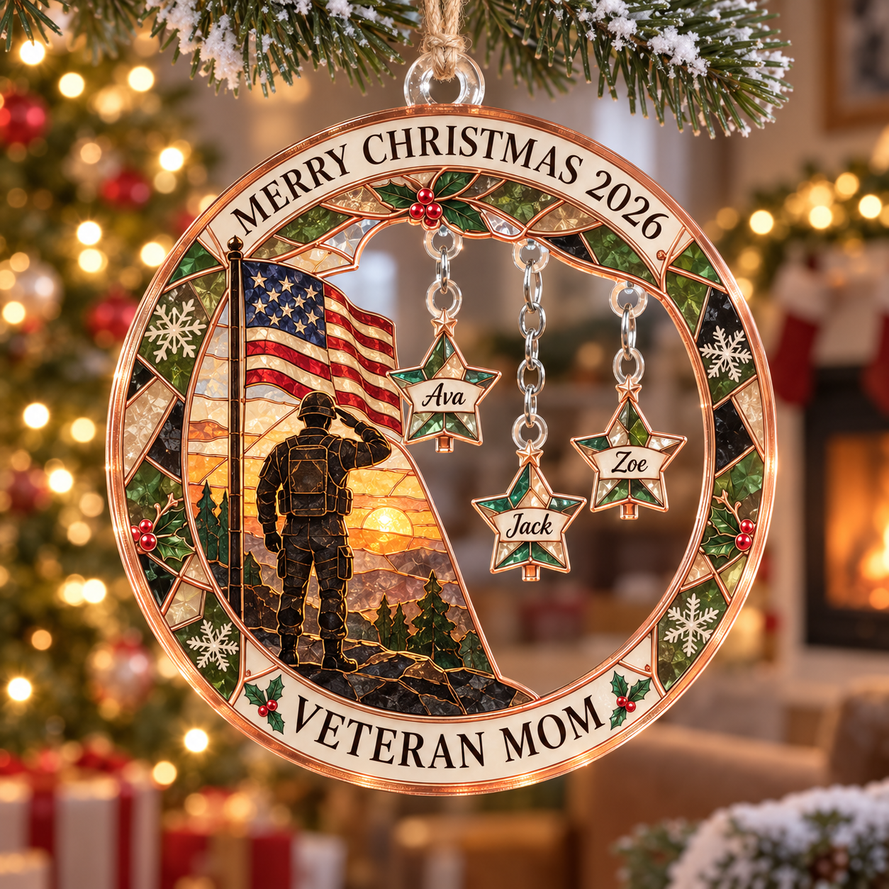 Stained-glass acrylic Christmas ornament with "VETERAN MOM" and personalised name charms