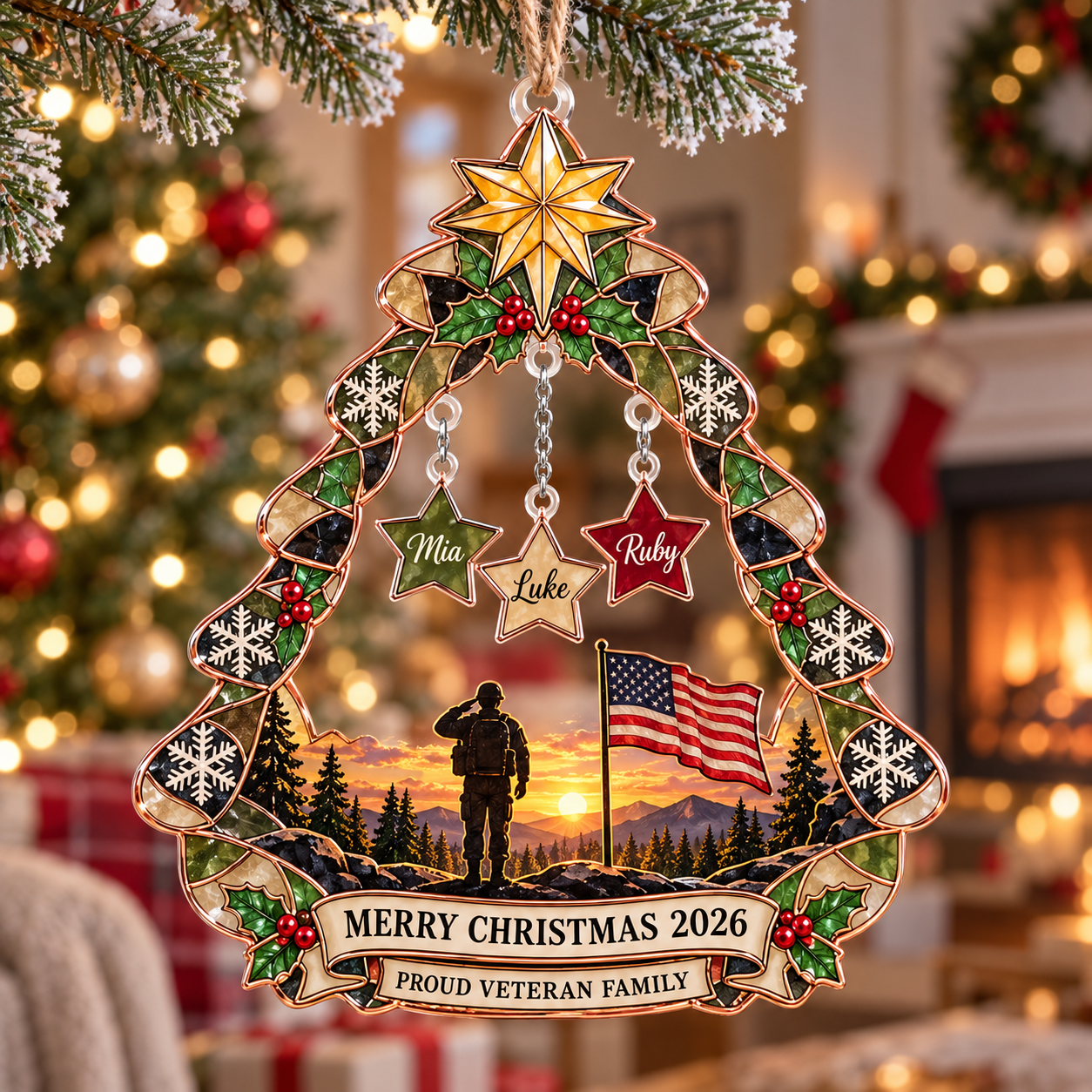 Stained-glass acrylic Christmas ornament with "PROUD VETERAN FAMILY" and personalised name charms
