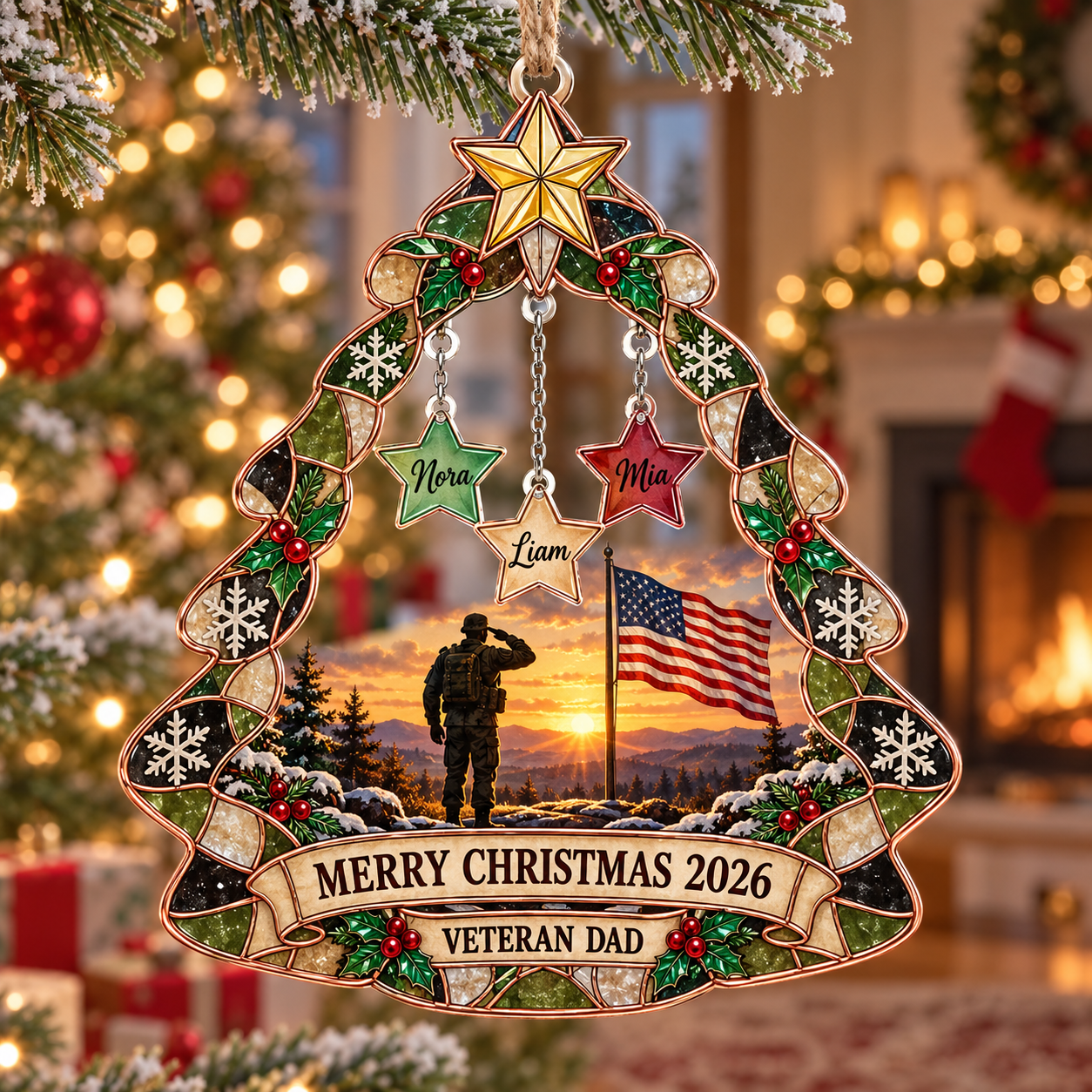 Stained-glass acrylic Christmas ornament with "VETERAN DAD" and personalised name charms