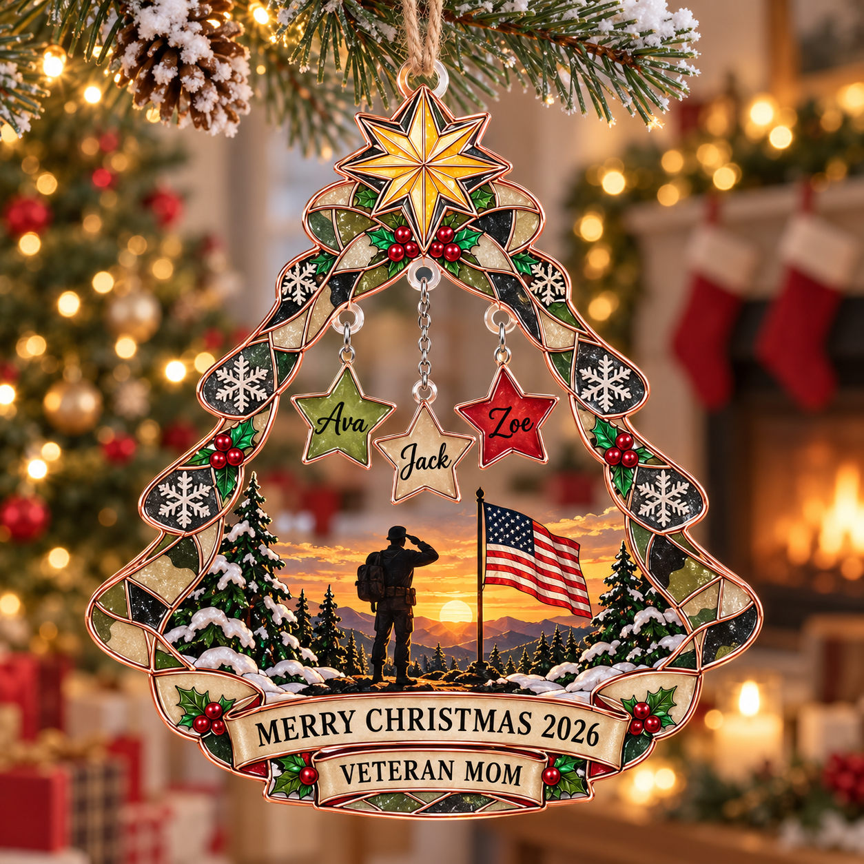 Stained-glass acrylic Christmas ornament with "VETERAN MOM" and personalised name charms
