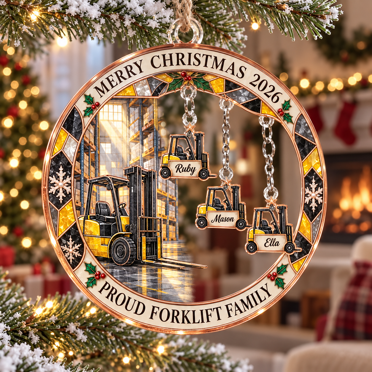 Stained-glass acrylic Christmas ornament with "PROUD FORKLIFT FAMILY" and personalised name charms